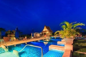 homet with swimming pool at night